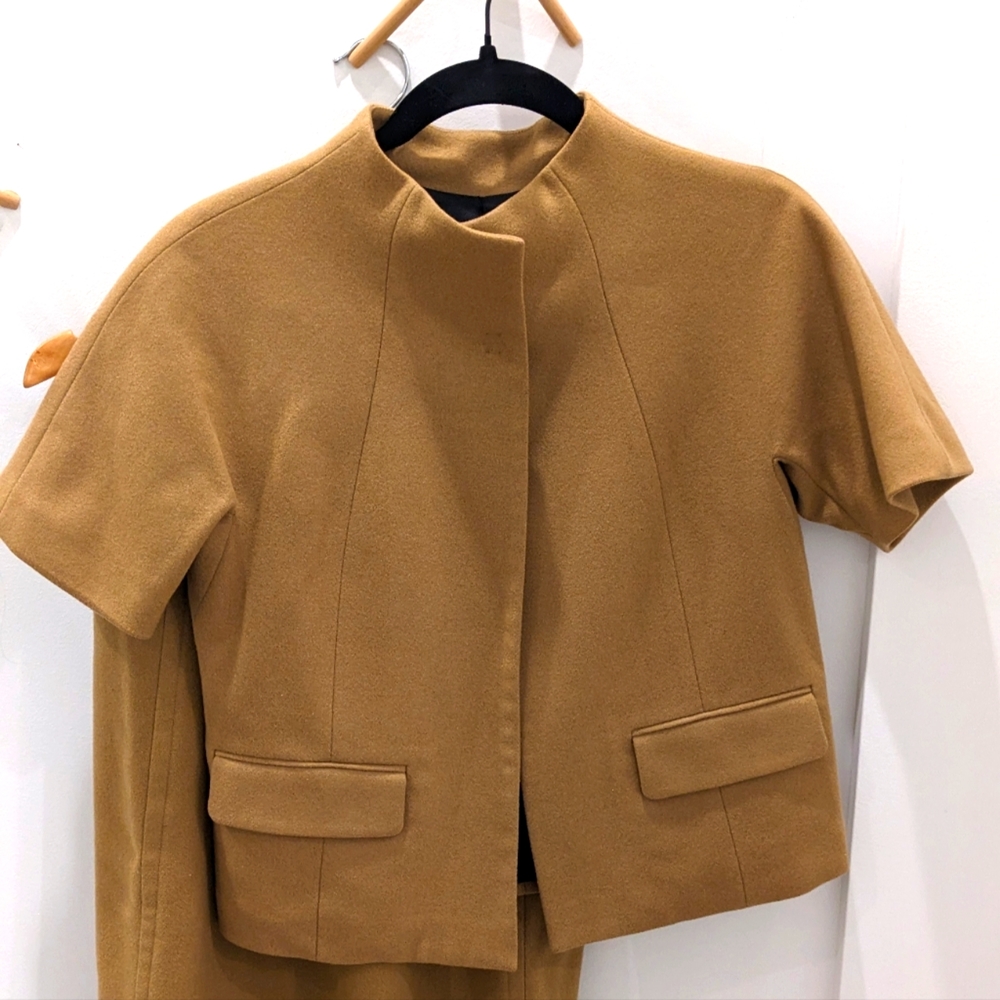 DKNY Suit 2 piece Skirt Collarless Blazer Jacket Wool Camel Tan